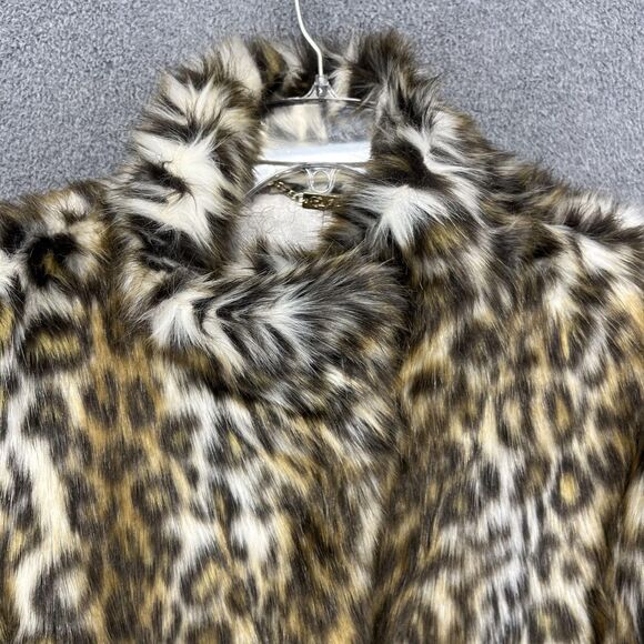 Eliza J Coat Womens Large Brown Faux Fur Animal Print Snap Mid Length Jacket - Picture 4 of 16